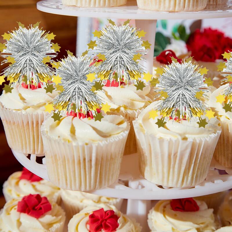 50 Pcs Firework Cupcake Toppers Sparkle Tinsel Star Picks