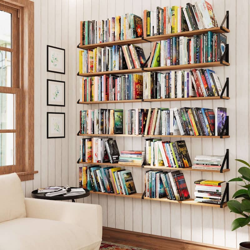 Wallniture Bora 54" x 6" Floating Shelves for Living Room, Rustic Bookshelves, Office Decor Shelves, Wall Mounted, Burnt, 2 Pcs