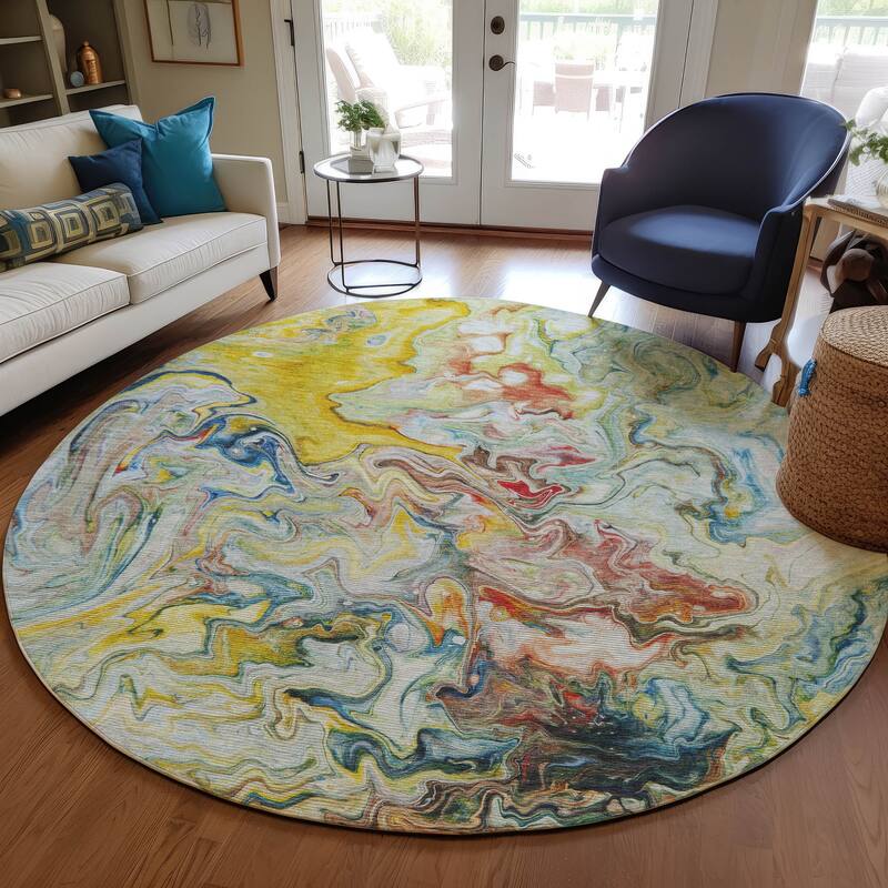 Machine Washable Indoor/ Outdoor Chantille Abstract Contempoary Rug - Ivory - 8' x 8'