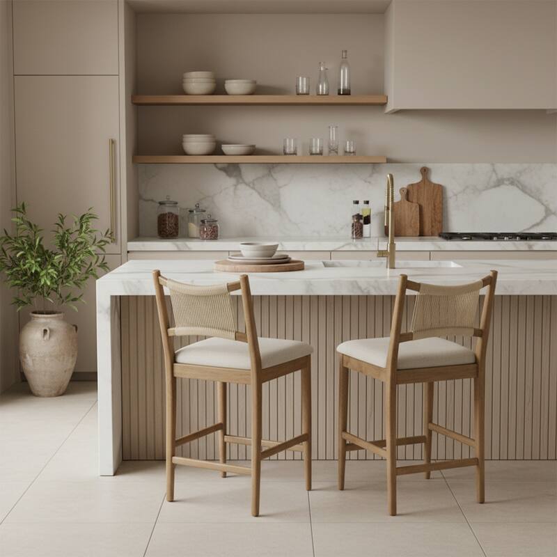 Christopher Knight Home - Arno Mid-Century Modern Upholstered Counter Stool with Rope Back and Solid Wood Frame Set - 21"W