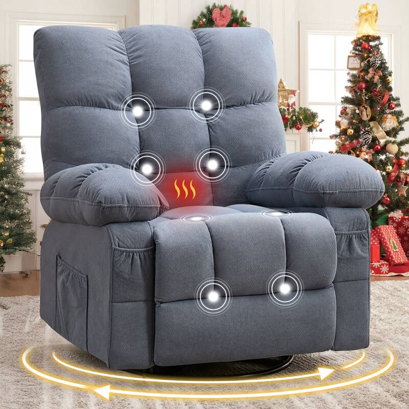 Oversized Massage Swivel Recliner Chair with Heat USB Side Pockets - Blue