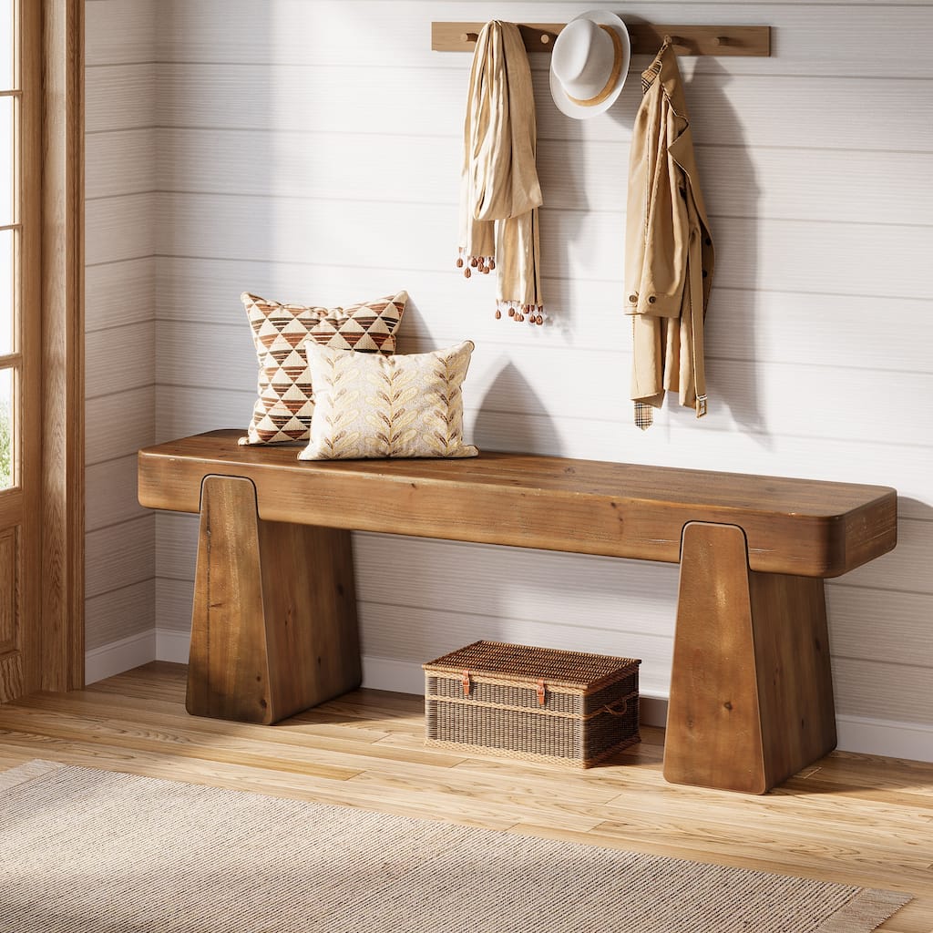 47 Inch Solid Wood Entryway Bench with Storage Shelf, 2 Tier Shoe Rack, Indoor Rustic Hallway Bench for Dining Room, Bedroom