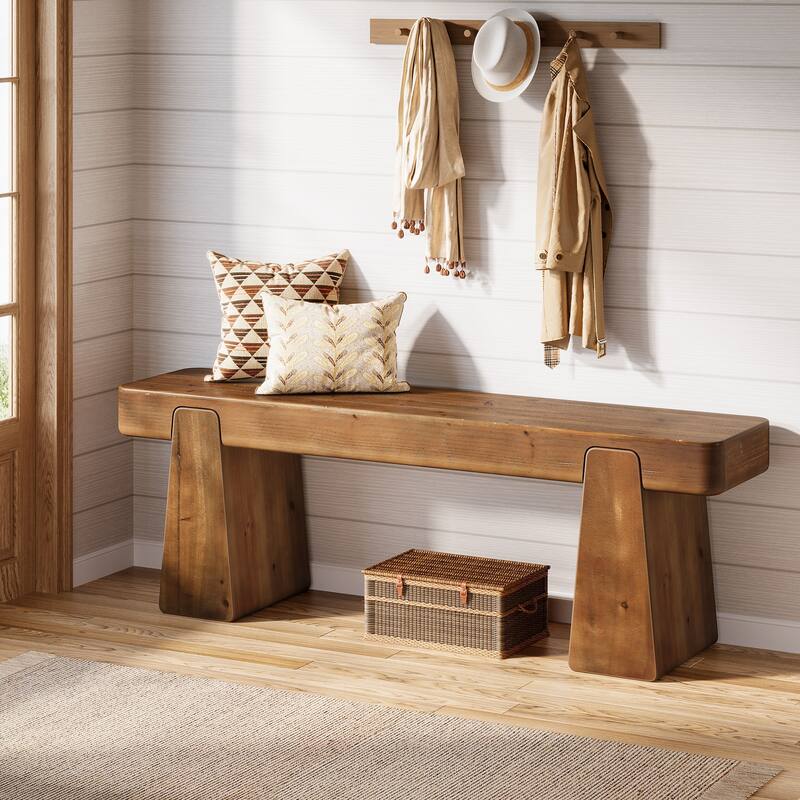 47 Inch Solid Wood Entryway Bench with Storage Shelf, 2 Tier Shoe Rack, Indoor Rustic Hallway Bench for Dining Room, Bedroom - Natural