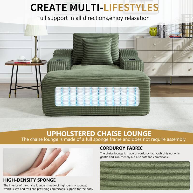 Roomfitters 67" Oversized Chaise Lounge, Corduroy Boneless Sleeper Sofa with Integrated Cup Holders