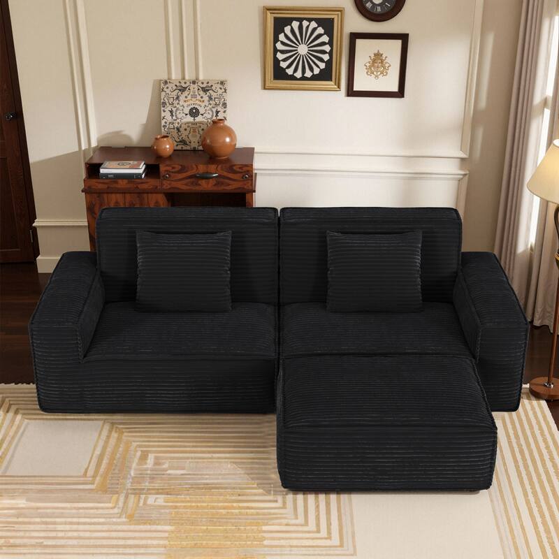 Anmytek Plush Modern Large Striped Fabric Vacuum Compressed Full Sponge High Rebound No-Assembly Sofa with Foot Pedal Black
