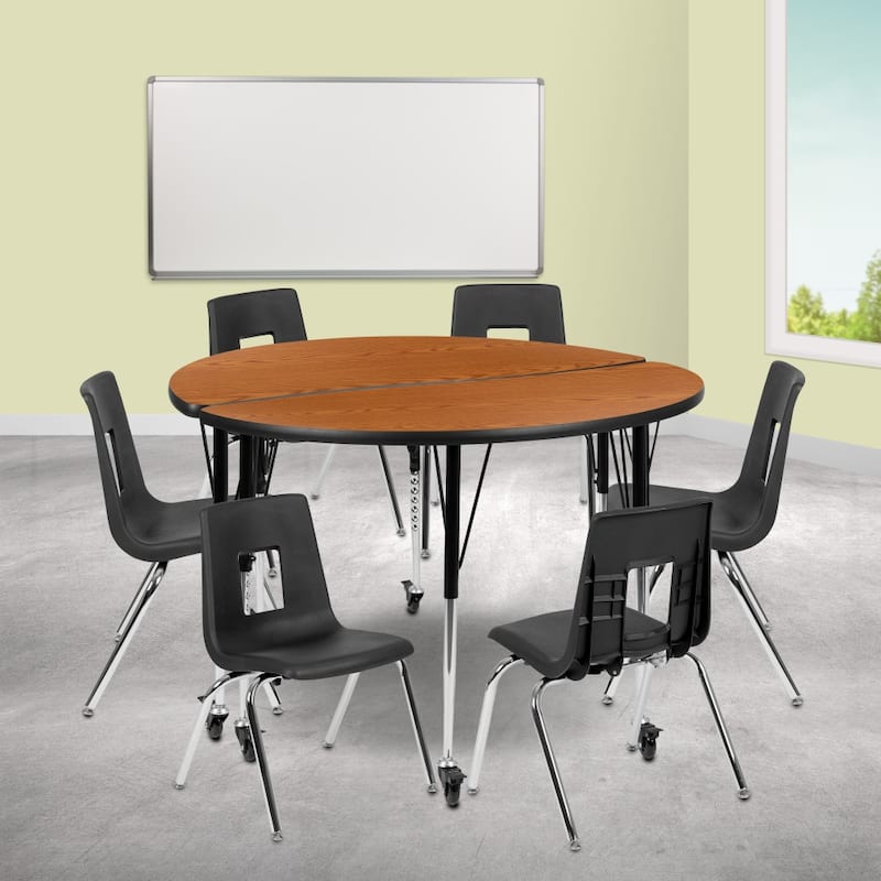 Mobile 47.5" Circle Wave Flexible Activity Table - 16" Student Stack Chairs - Oak