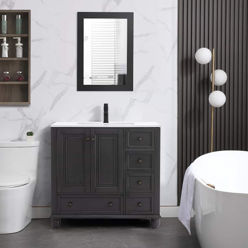 Retro Bathroom Vanity Cabinet Solid Wood Classic with Ceramic Sink - 36 in - Grey