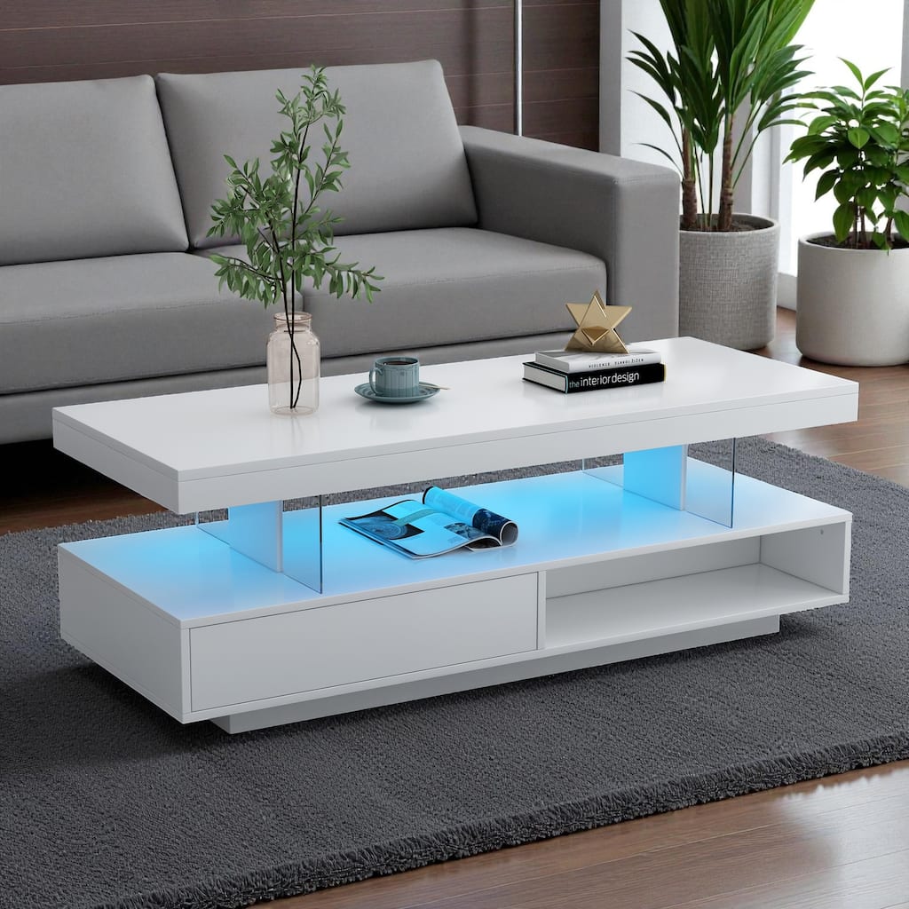 51.2'' LED Coffee Table with 2 Drawers and Shelves, Modern High Gloss Center Table with Storage for Living Room