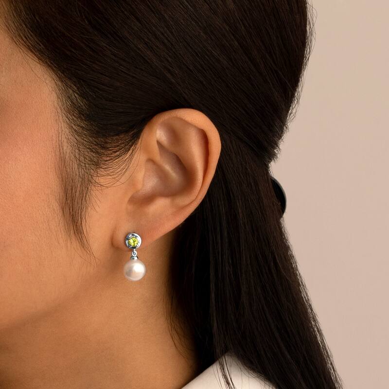 Freshwater Pearl and Peridot Birthstone Sterling Silver Drop Earrings