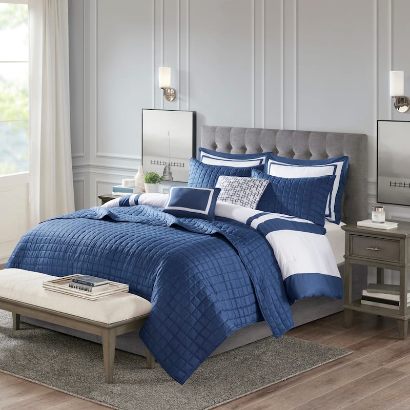 GDF Studio - Heritage 8-Piece Comforter and Quilt Set Collection with Decorative Pillows - Navy