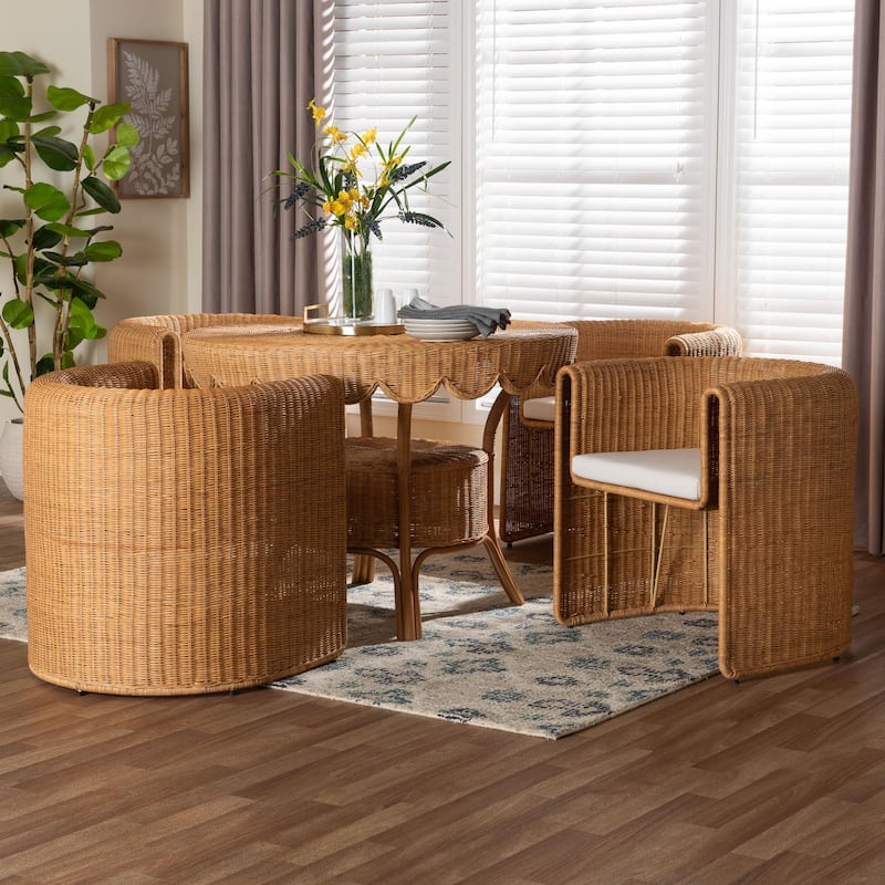 Ayumi 5-Piece Round Rattan Dining Set - Handwoven Wicker Scalloped Table and 4 Barrel Chairs, Boho Coastal Style