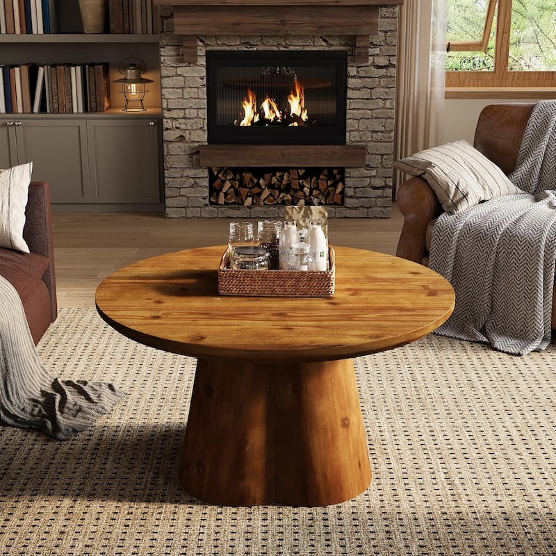 Solid Wood Round Coffee Table, 31.5-Inch Farmhouse Center Table