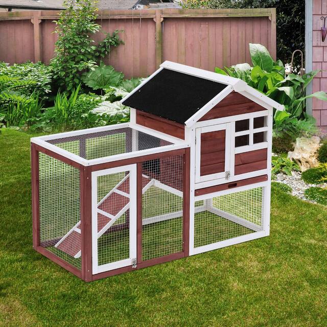 PawHut 48" Wooden Rabbit Hutch Bunny Cage with Waterproof Asphalt Roof, Fun Outdoor Run, Removable Tray and Ramp - Red