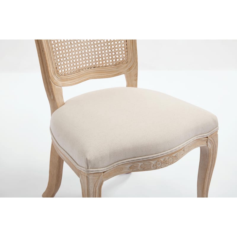 Set of 2 French Country Dining Chairs, Upholstered with Natural Rattan Fan-Shaped Back