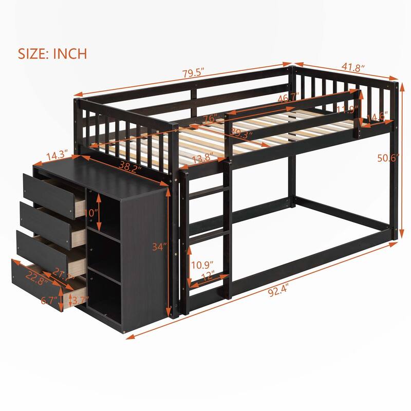 Twin over Twin Bunk Bed with 4 Drawers and 3 Shelves