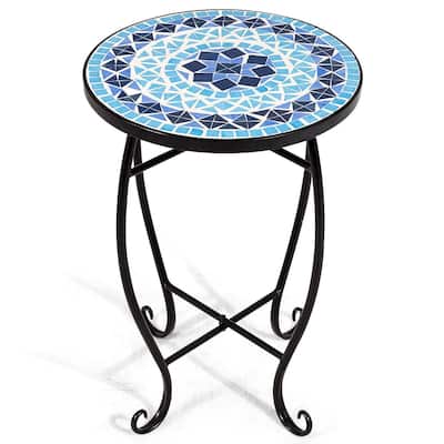 Costway Outdoor Indoor Accent Table,Mosaic Patio Table, Plant Stand