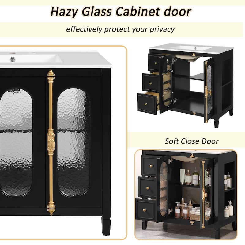 Roomfitters 36 Inch Bathroom Vanity with Sink, Freestanding Vanity Cabinet with Hammered Glass Doors and Storage Drawers, Black