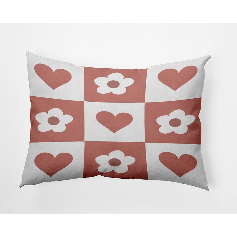 Heart And Flowers Grid Valentines Day Decorative Throw Pillow - 14" x 20" - Rusty Mauve