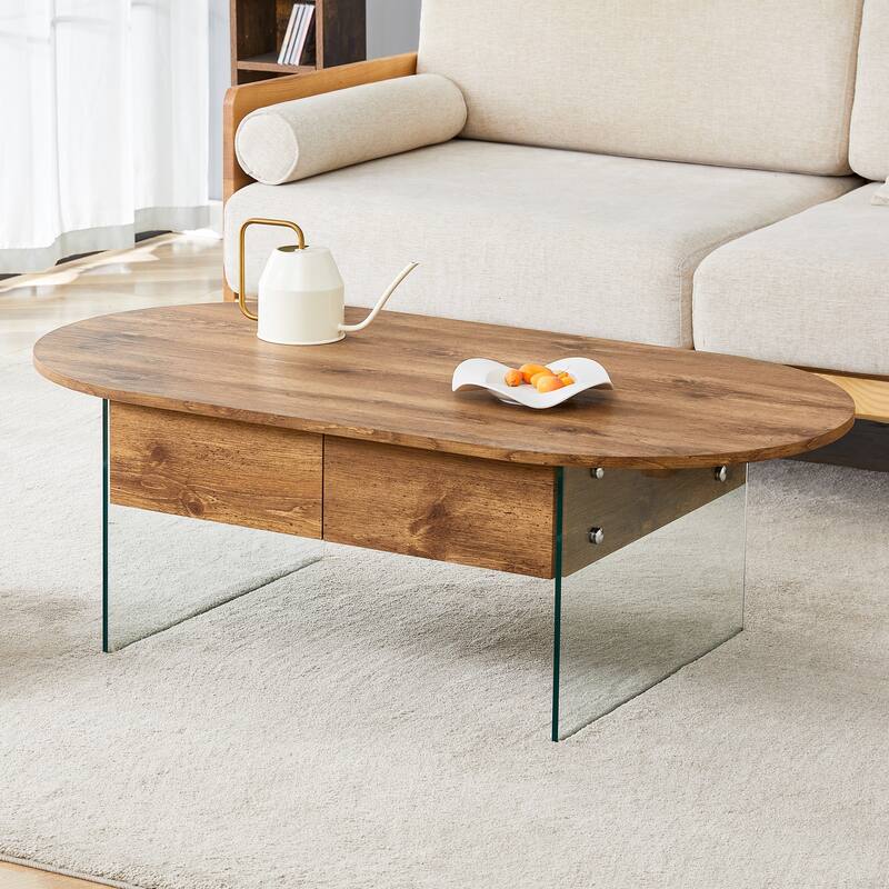 Anmytek Wood Tone Oval Coffee Table with 2 Drawers Modern Living Room Storage Centerpiece