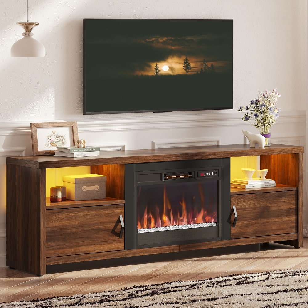 70 in. Pinewood LED TV Stand Fits TV's Up to 75 in. Entertainment Center with Fireplace and Cabinets - 71 inches