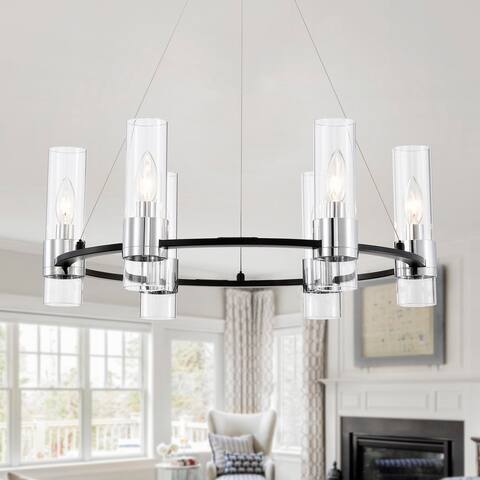 23" Brever Black 6-Light Chandelier Fluted Glass Shade Candelabra