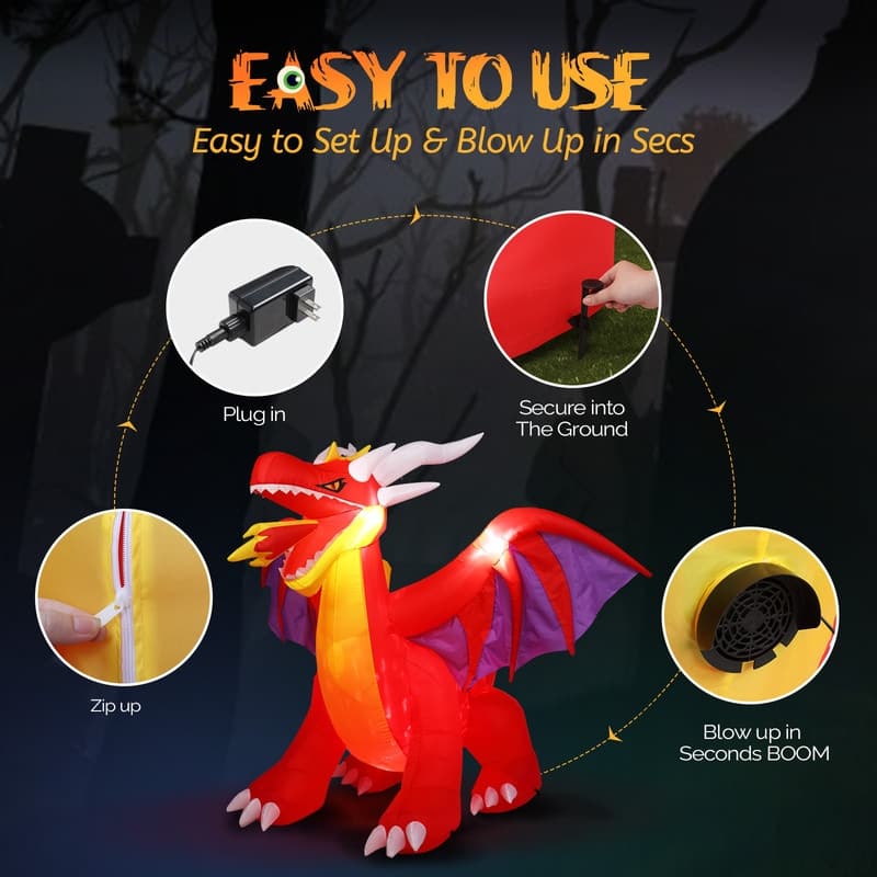 6FT Fire-Breathing Dragon Yard Halloween Inflatables Decorations - N/A
