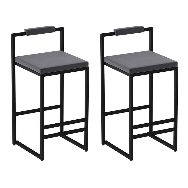 Velvet Upholstered Bar Stools Set of 2 Counter Height Kitchen Island Footrest Backrest Black Gray