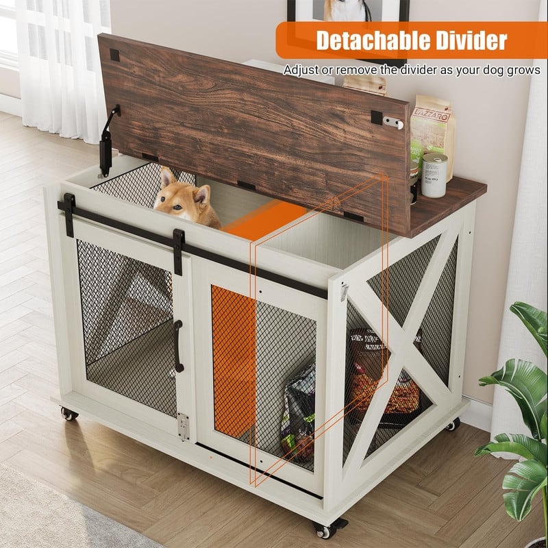 Large Wooden Dog Crate Kennel Furniture Side End Table with Flip Top and Movable Divider