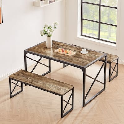 Javlergo 3-Piece Dining Table Set, 43"/55" Modern Wood Table Top Dining Table Set with Bench