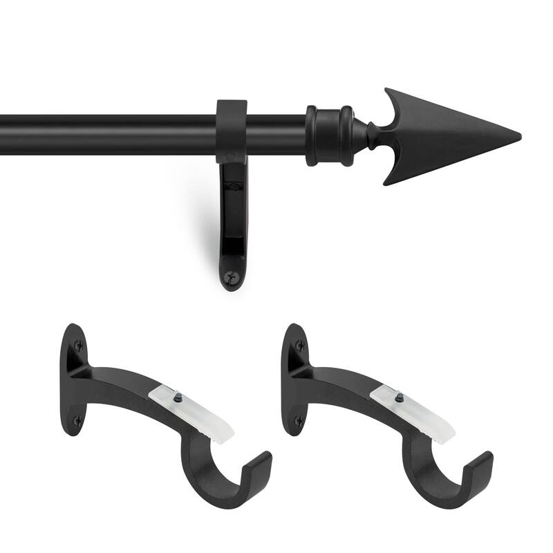 Deco Essential 3/4 Inch Curtain Rod for Windows & Doors Curtains Extendable Grey with Flat Arrow Finials & Brackets Set