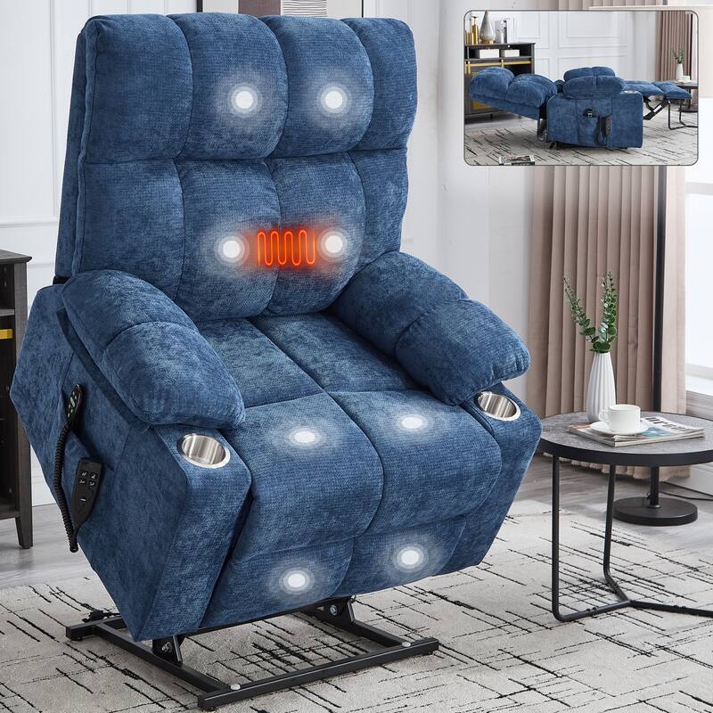 Roomfitters Dual Motor Power Lift Recliner Chair with Heat Massage Oversized Infinite Position Sofa with Cup Holders - Navy Blue