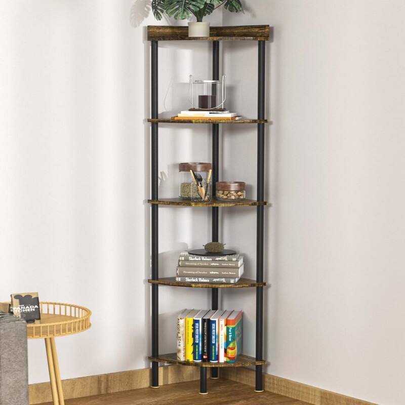 5 Tier Corner Shelf with Drawer Storage - 15.75"D x 11"W x 65.33"H - Rustic Brown + Black