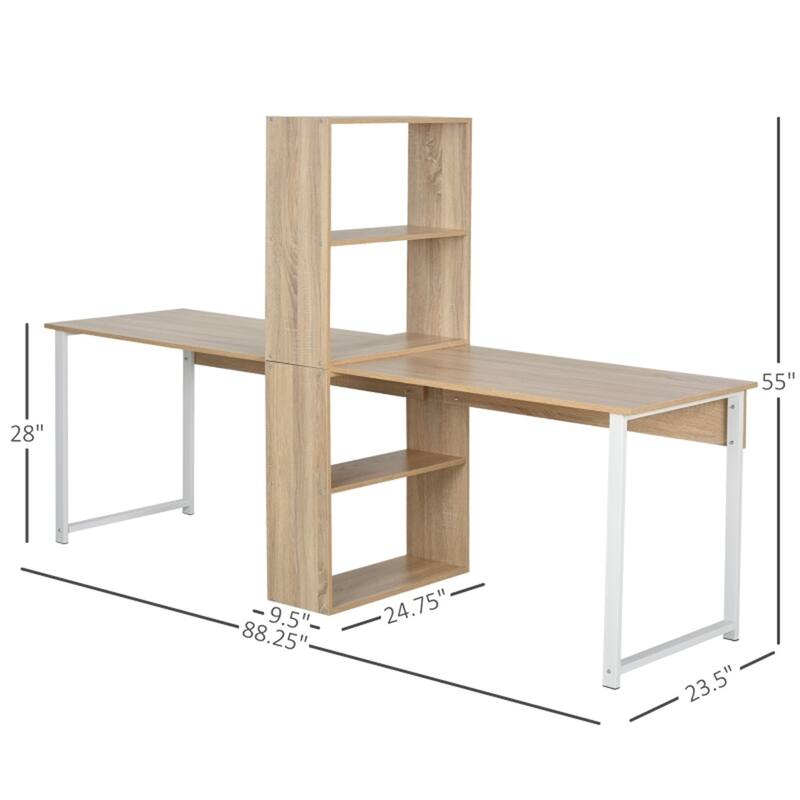 Particleboard Steel Dual Work Desk with 4-Tier Bookshelf