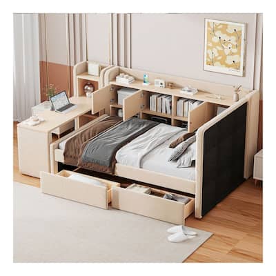 All-in-One Upholstered Daybed with Ample Storage,Flip Cabinets,and a Functional Side Table