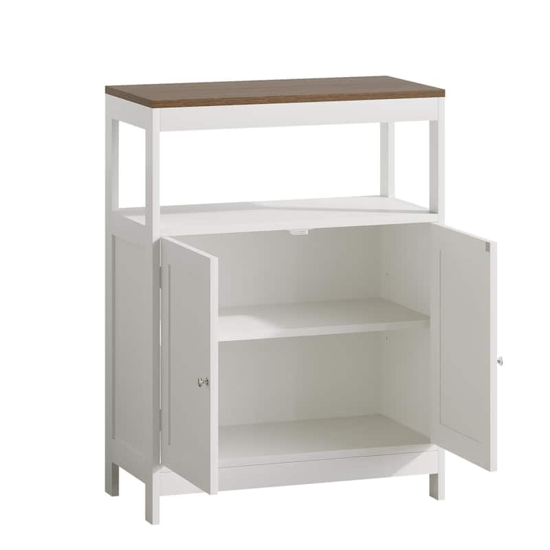 Modern Storage Cabinet with Double Doors, Free-Standing Bathroom Cabinet with Adjustable Shelf and Natural Wood Top