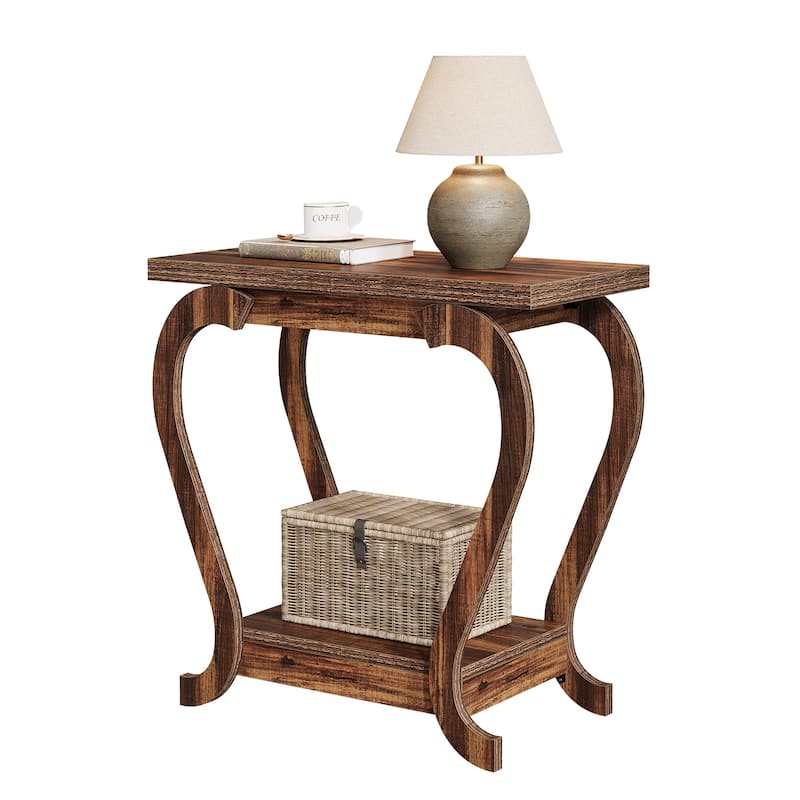 2-Tier End Table, Narrow Wood Side Table with Storage Shelves