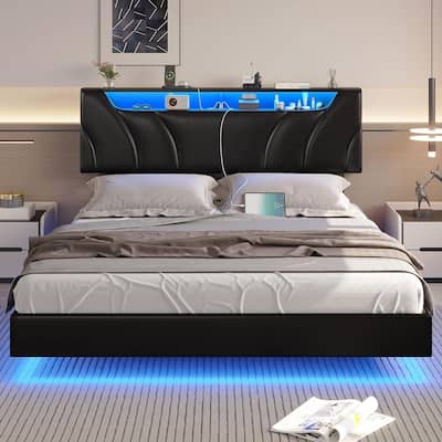 LED Floating Bed Frame Hidden Storage Headboard Type-C & USB