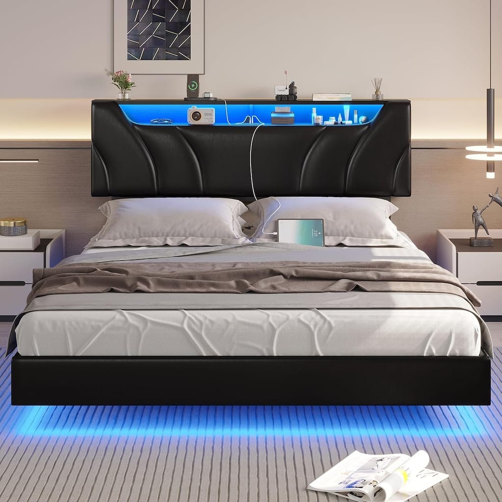 LED Floating Bed Frame Hidden Storage Headboard Type-C & USB
