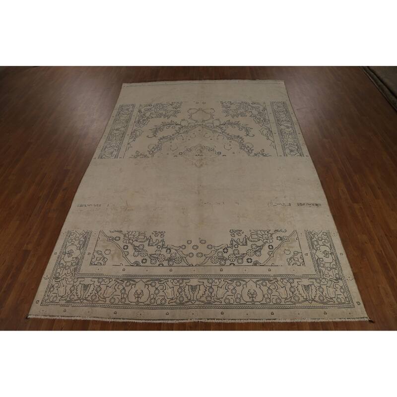 Distressed Tabriz Persian Vintage Rug Handmade Beige Wool Carpet - 8'0" x 11'6"