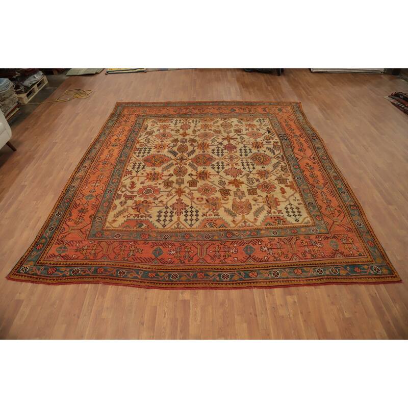 Hand Knotted Oriental 100% Wool Carpet Transitional Geometric Yellow & Gold Oushak Area Rug - 12' 0'' X 10' 9''