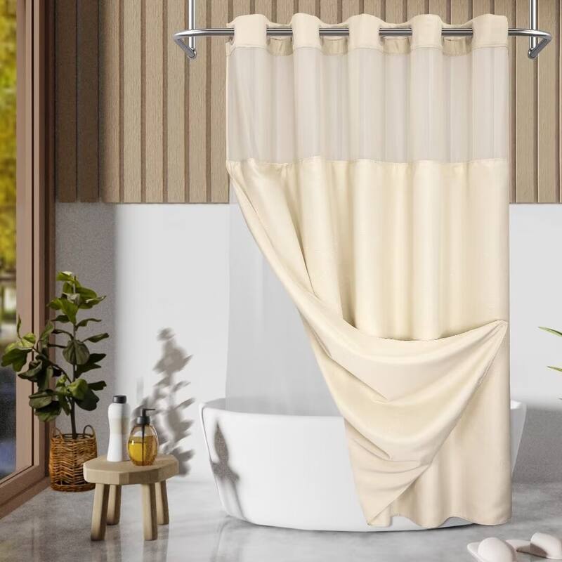 No Hook Slub Linen Texture Shower Curtain with PEVA Snap-in Liner
