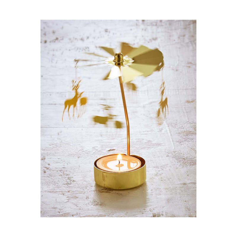 Christmas Reindeer Carousel Tealight Candle Holder Gold Metal, 3.0 x 3.0 x 5.0 inches