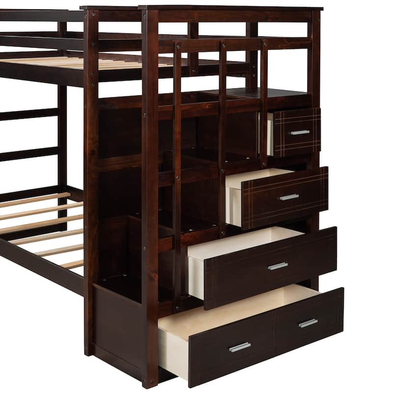 Hardwood Twin Over Twin Bunk Bed with Trundle and Staircase