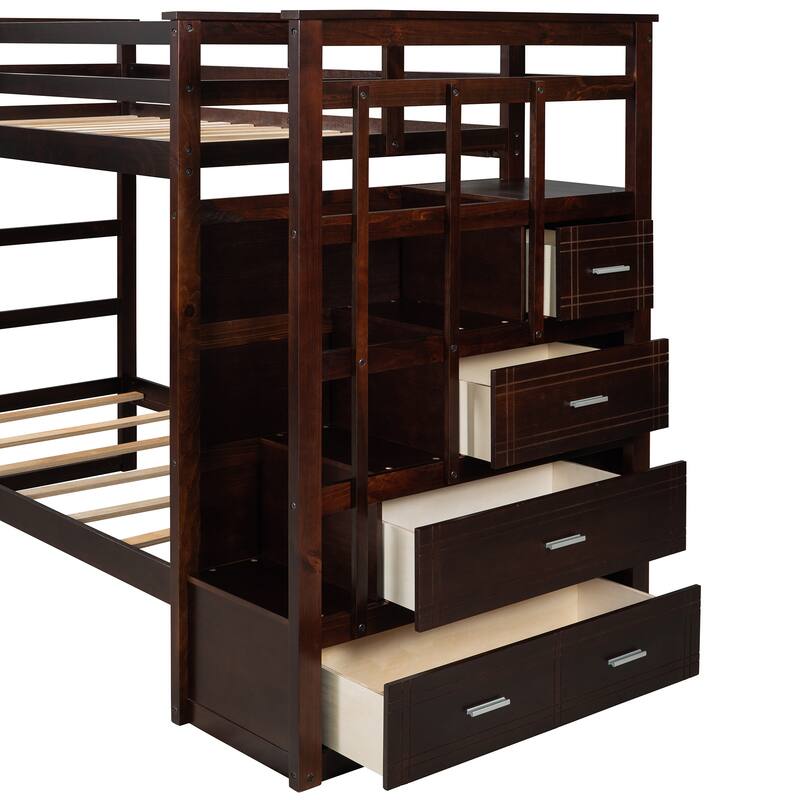 Solid Wood Twin Over Twin Bunk Bed with Trundle and Staircase