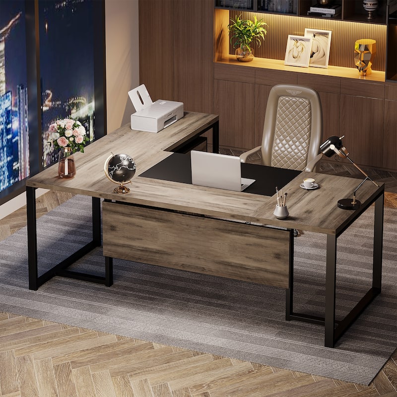 70.8’’ Executive Desk with File Cabinet, Large L-Shaped Office Executive Desk Computer Desk