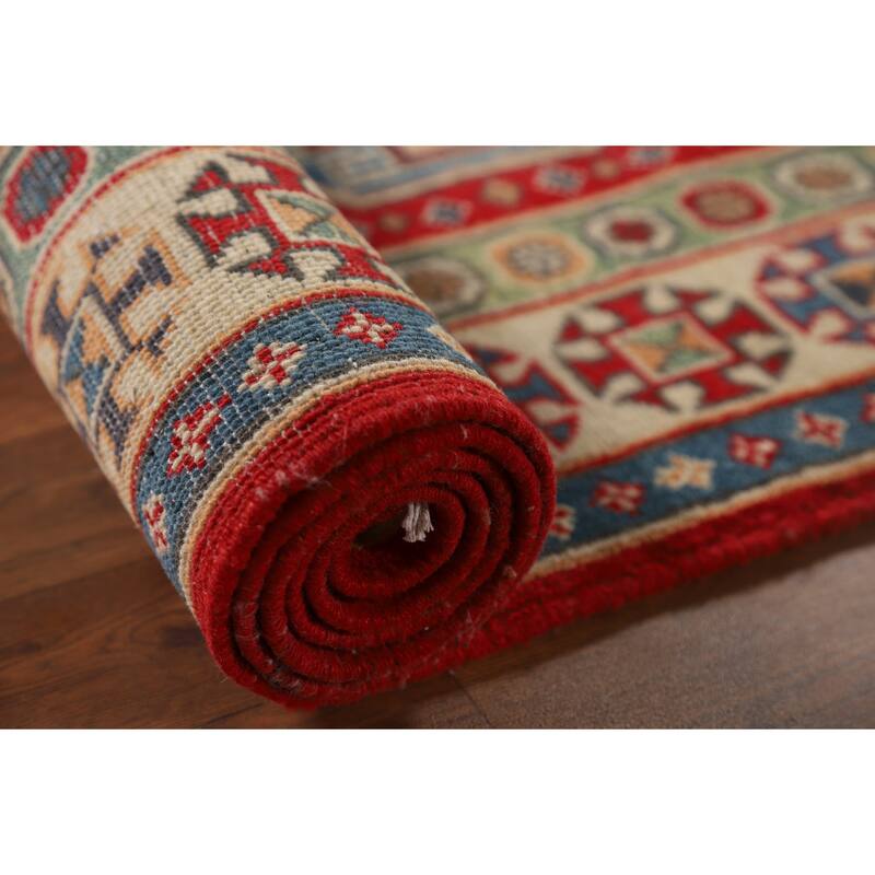 Geometric Kazak Runner Rug Hand-Knotted Oriental Red Wool Carpet - 2'9" x 9'11"