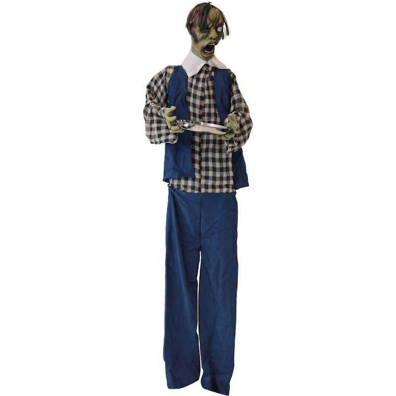 Haunted Hill Farm 6.25-ft. Zombie Waiter, Indoor/Covered Outdoor Halloween Decoration, LED Purple Eyes, Poseable, Timmy
