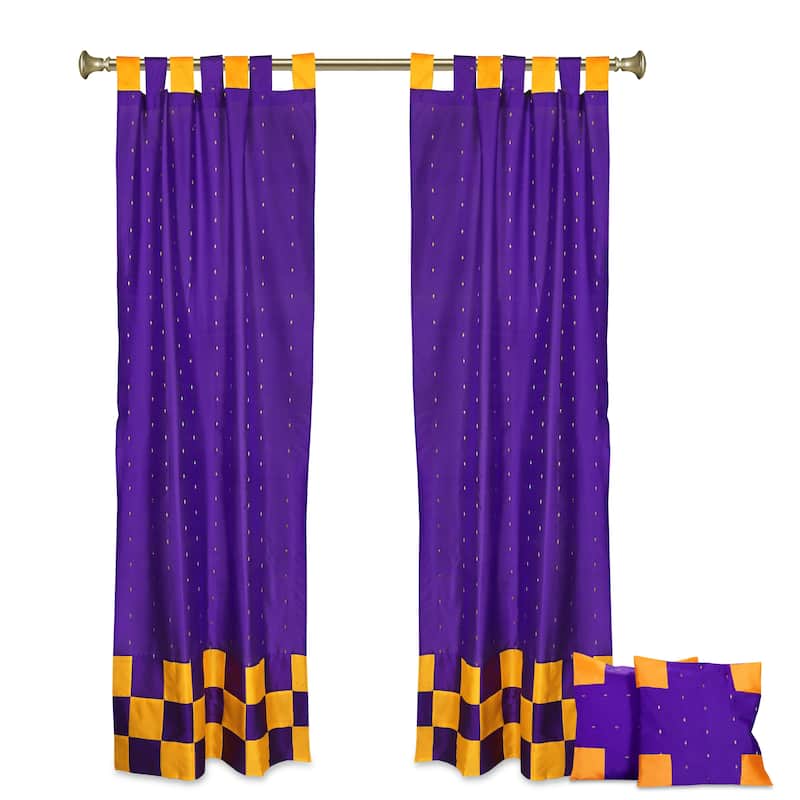 4 Pc Set Indian Sari Curtains & Cushion Covers Boho Tab Top Living Room Bedroom - Purple/Taupe - 36" W X 84" L - 84 Inches