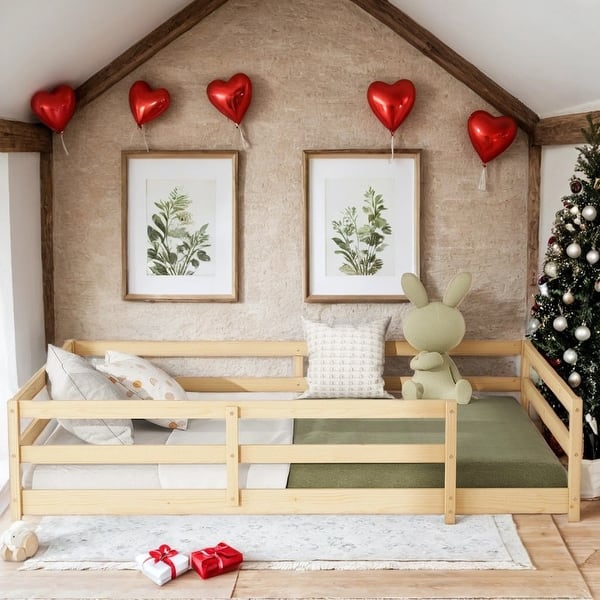 slide 2 of 12, Natural Floor Bed with Fence,Wood Kids Bed,Full Size Natural