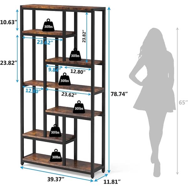 dimension image slide 1 of 2, Industrial 78.7" Tall Bookcase, 10-shelf Open Display Bookshelf Storage Organizer - 39.37”(L) x 11.8”(D) x 78.74”(H)